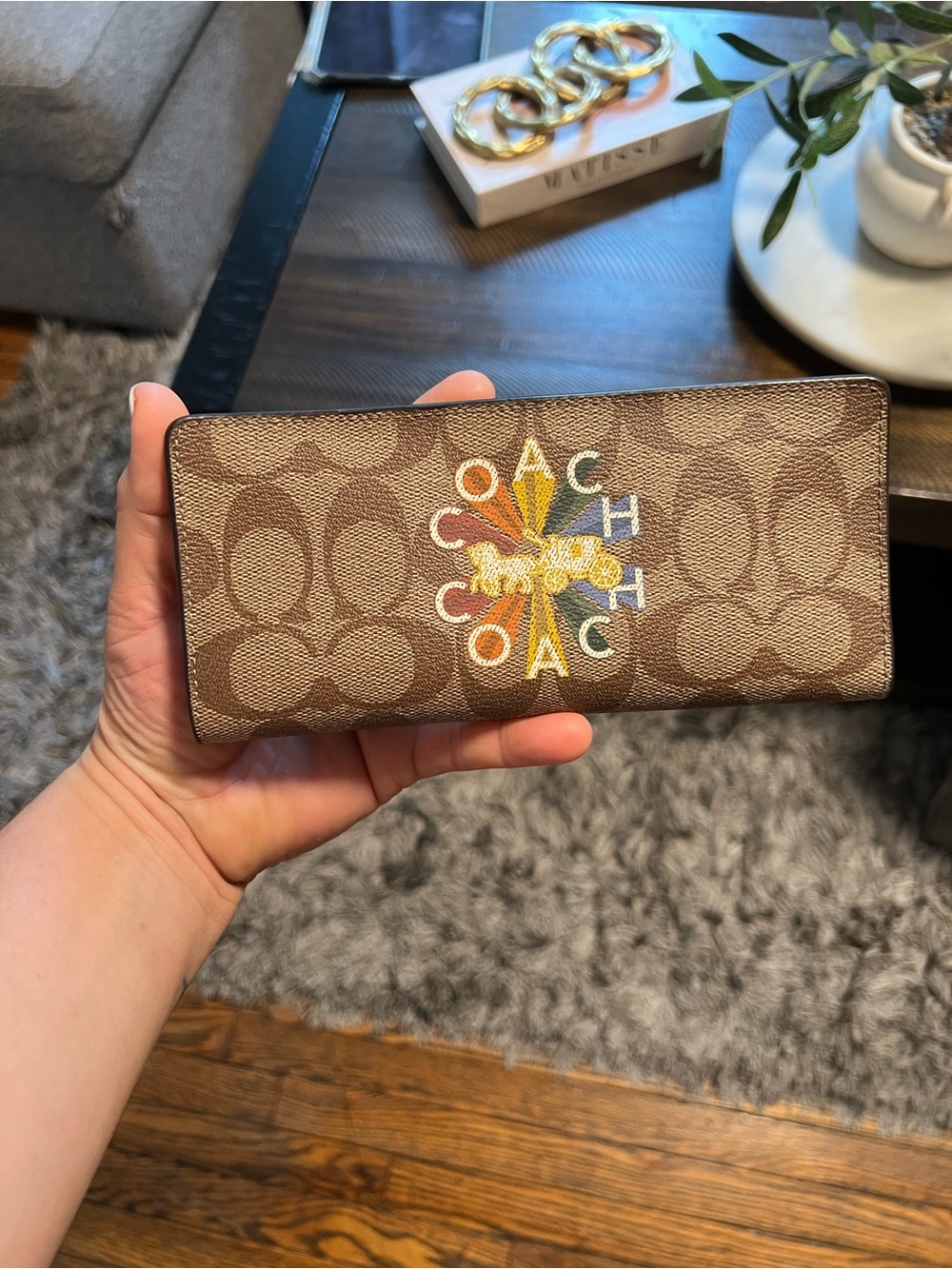 Coach Brown Signature Continental Wallet with Multicolor Embroidered Logo